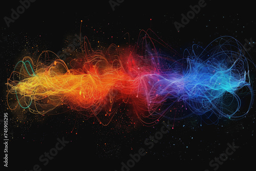 Abstract futuristic wave with colorful lines connecting dots. digital data communication background.
