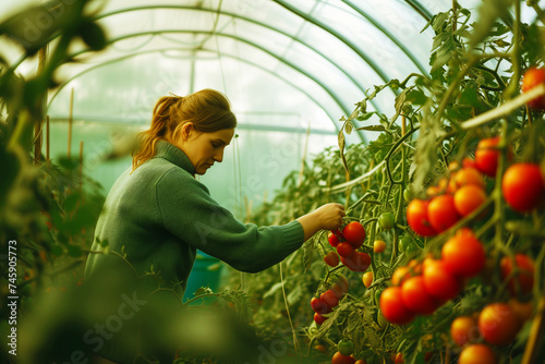 woman harvesting tomatoes inside a greenhouse
