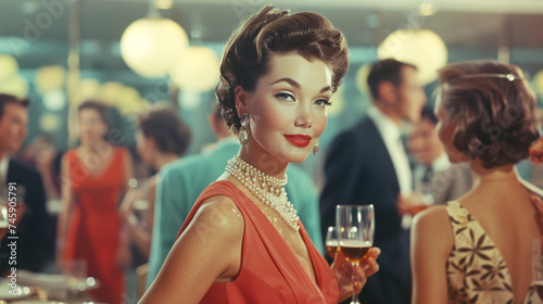 A sophisticated woman of the 60s attending a glamorous cocktail party, elegantly mingling with guests while showcasing her impeccable fashion sense