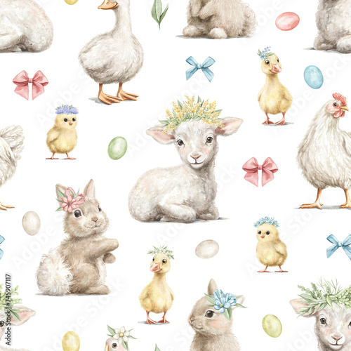Seamless pattern with vintage rabbits, goose, lamb, chicken, gosling animals and Easter eggs isolated on white background. Watercolor hand drawn illustration sketch