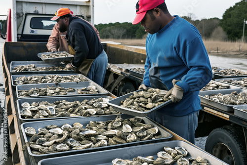 workers loading trays of oysters onto a truck