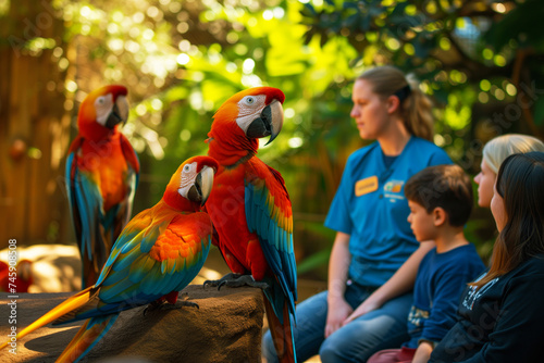 zoo staff member educating a group about parrot conservation