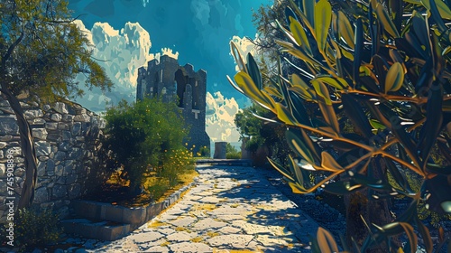Olive branches in the garden near the medieval mediterranean castle.digital ai art