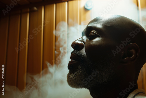 man exhaling deeply with eyes closed in sauna