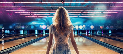 Confident Woman Strikes a Pose in Colorful Bowling Alley Setting