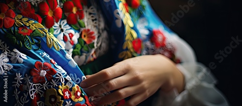 Graceful Woman Adorned in Traditional Blue Kimono Embodies Slovak Folklore Elegance