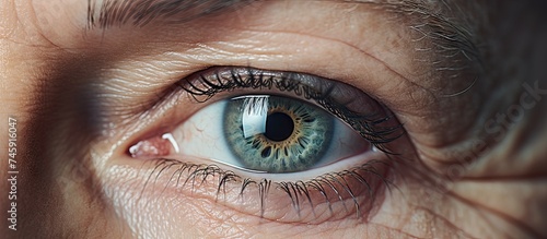 Intense Stare of a Woman's Blue Eye Reveals Transformation and Resilience of Aging Beauty