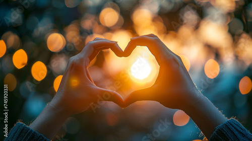 A blurred image of hands forming a heart shape towards the sky, expressing gratitude and positivity, blurred background, with copy space