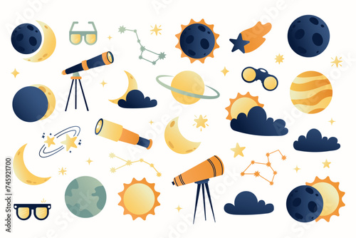 Set of cute elements solar eclipse in flat style