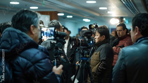 A focused cameraman at work during a press briefing, surrounded by reporters and media personnel