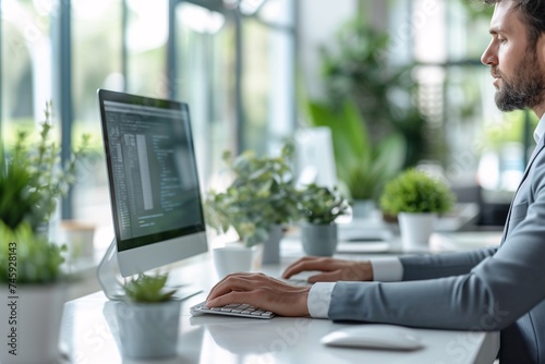 A focused individual is engaged with computer coding in a modern office setup surrounded by green plants