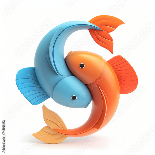 piscis signo zodíaco 2 peces uno naranja y otro azul direcciones opuestas, fondo blanco, acabado plástico duro. Recurso gráfico, ying & yang, símbolo, diseño papelería, arte decorativo minimalista. 