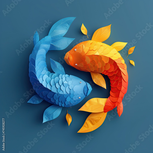 signo piscis zodíaco 2 peces uno azul y otro naranja enfrentados, fondo azul marino. Recurso gráfico, ying & yang, símbolo, diseño papel, arte decorativo circular. 