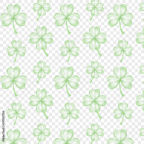 Seamless pattern transparent green clover leaf. St Patrick's Day symbol, Irish lucky shamrock. Endless repeated backdrop, texture, wallpaper