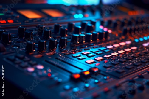 Detailed view of a sound mixing console with faders and buttons in a studio environment.