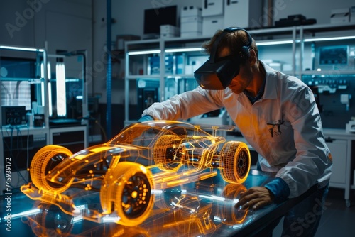 Automotive engineer using augmented reality to interact with a 3D car model in a high-tech lab.
