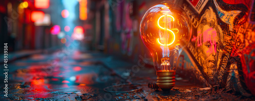 Illuminated light bulb with glowing dollar sign filament concept symbolizing bright financial ideas, innovation in business, and investment strategy against a blurred graffiti background