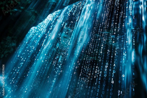Blue digital code waterfall abstract background. Global connection concept. Big data, network visualization, blockchain, web. Future digital technology. Ai and neural networks