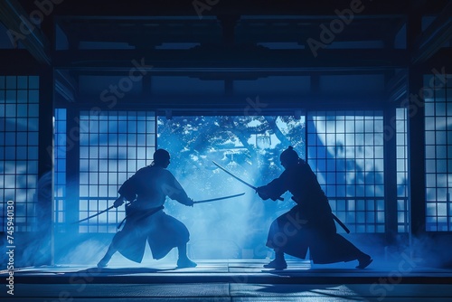 In a dance of shadows and light ninja and samurai exhibit acrobatic prowess in a neon splashed battle of legends
