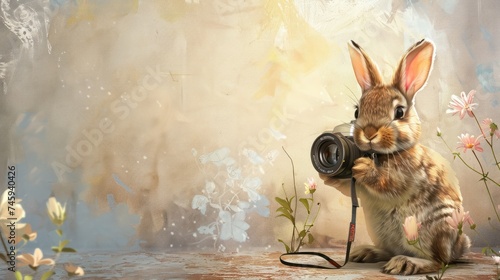 Cute rabbit holding a camera while taking photo, easter celebration concept. AI generated image