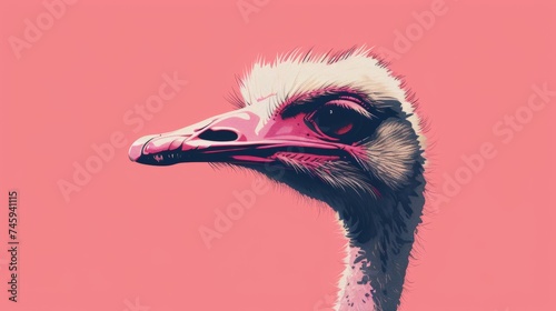Illustration of an ostrich head on a pink background, detailed and stylized with a focus on the bird's unique features