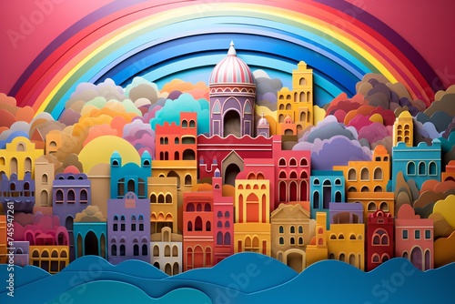 a colorful paper cut out of a city