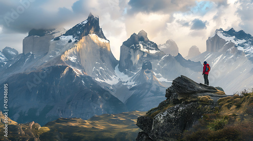 Turista contempla paisagem montanhosa deslumbrante em amplo enquadramento com teleobjetiva destaque para montanhas majestosas ao fundo