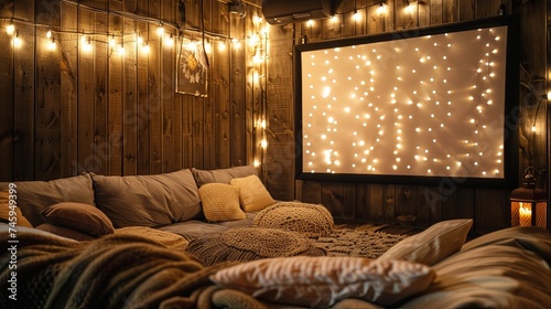 A rustic wooden cabin's home theater setup, adorned with string lights, offers a nest of pillows and knit textures for a cozy movie-watching retreat. Rustic Home Theater with String Lights and Textur 
