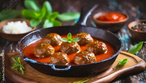 Beef meatballs in tomato sauce in a pan. 