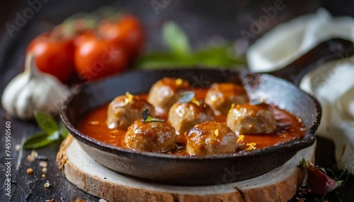 Beef meatballs in tomato sauce in a pan. 