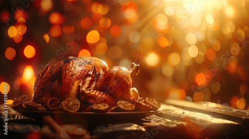 Delicious homemade whole roast turkey food menu at home with blur background. AI generated image