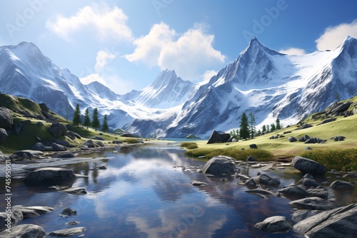 a river in a valley with snow covered mountains