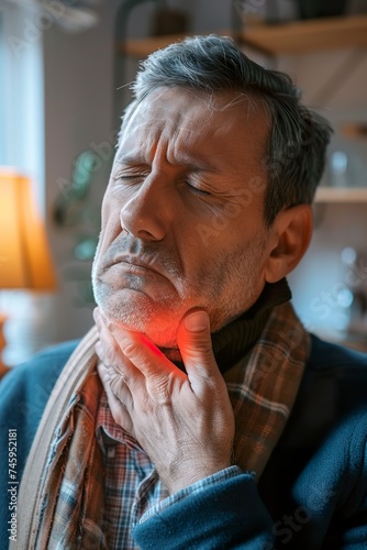 A man with severe sore throat expressing obvious discomfort and pain. A man with closed eyes denotes the uncomfortable and distressing sensation of a sore throat.