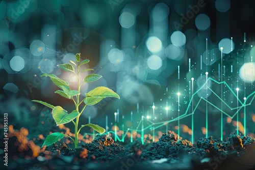 Sapling Growth with Digital Technology Overlay A digital composite image of a young plant sapling with vibrant green leaves, intertwined with glowing technology and data graphics.