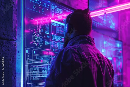 Cyber crime investigation, a digital detective uncovering hidden data trails in a neon-lit, cyberpunk setting