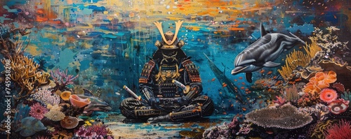 Samurai meditating by a coral reef, seeking wisdom as dolphins glide by, under the auspices of Ancient Greek philosophy and the light of a supernova
