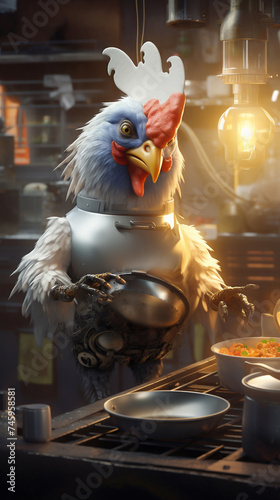 realistic. A chef robot with a rooster head, cooking up early morning delights, crowing with joy at each new dish., cinematic style
