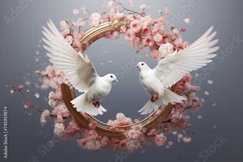two white birds flying in a circle of flowers