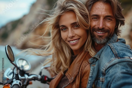Attractive couple with a motorcycle pose for a portrait with a cliff backdrop