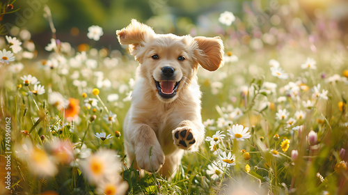 Filhote de golden retriever correndo livre em um campo de flores selvagens banhado pelo sol