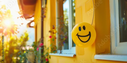 Smiley face symbol on a home's yellow pipe radiates cheer in daylight