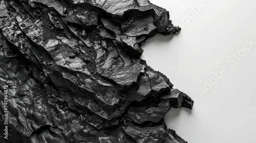 Top view of black coal with pieces in the form of waves, lines, and shapes separated on a white background with texture