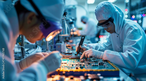 With meticulous craftsmanship, individuals work at the assembly line, assembling and calibrating microchips with precision tools and instruments, contributing to the advancement of