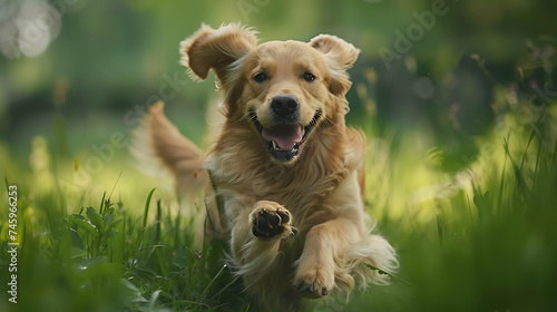 Correndo feliz Golden Retriever em campo alto luz natural suave com foco no rosto com lente 50mm