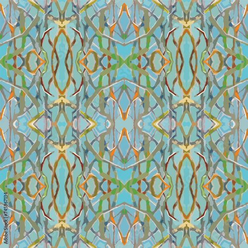 vector, abstract, geometric pattern of stylized painted sea grasses, sea urchins, intertwined bands. Beach and sea colors: blue, sand, green, brown tones.