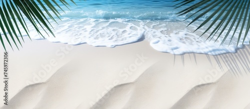 A painting depicting a white sand beach with blue waves, a palm tree casting a shadow from above, creating an idyllic summer vacation scene. The artwork features an empty and abstract setting,