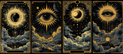 set of illustrations of tarot cards, the theme of isoterics and fortune telling