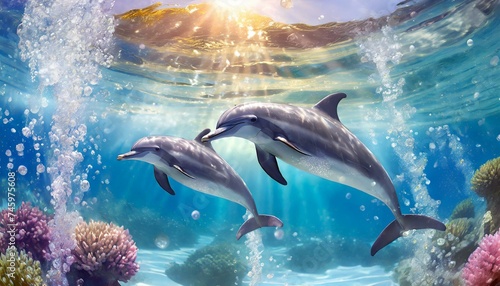 Two dolphins swimming underwater among underwater vegetation and bubbles with sun rays breaking through