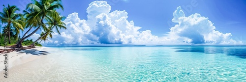 Panoramic view of a quiet tropical beach with palm trees, white sand and cumulus clouds over turquoise water.Travel agency advertising, resort advertising, relaxation and wellness programs.copy space