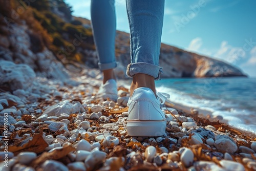 Close-up of a person's feet walking along a rocky shore, the sea and cliffs in the distance